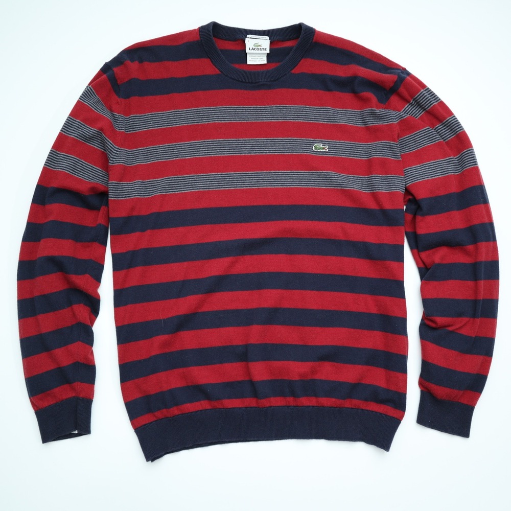 Lacoste Men's Size 7 Cotton Cashmere Striped Crewneck Sweater Red Navy Gray
